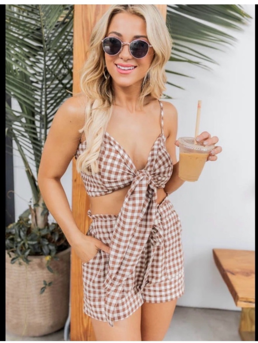 Pink Lily callback brown gingham tie front crop top